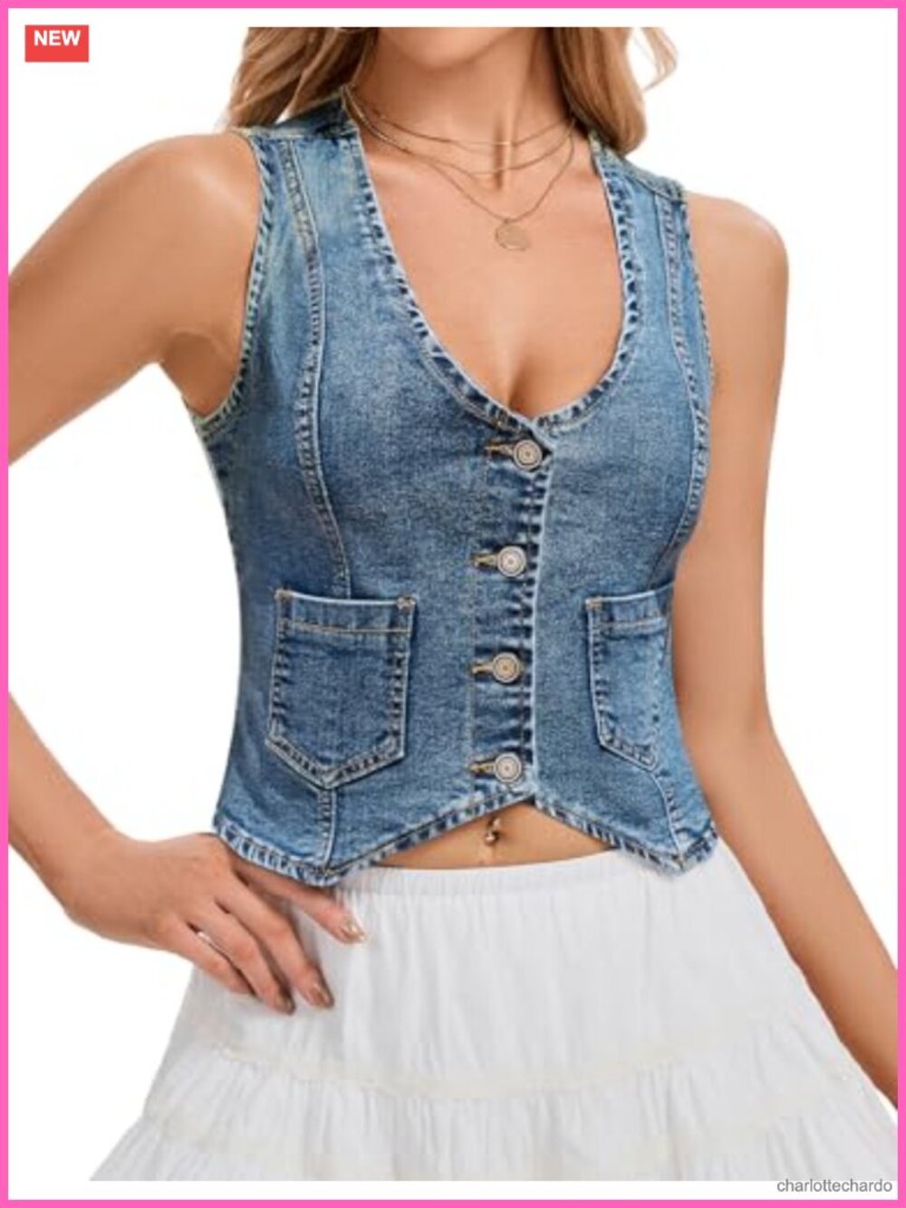 Cropped Denim Vest V-Neck Button Down Sleeveless Jean Top